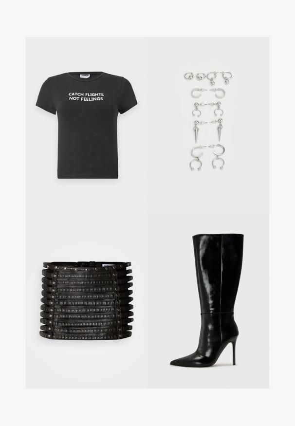 Sort bomulds t-shirt med korte ærmer, der har hvid tekst, som står "CATCH FLIGHTS NOT FEELINGS." Klassisk crew neck design.; Sort lædernederdel i minilængde med vandrette stropdetaljer og sølvnitter langs den øverste kant og de lodrette sider.; Sorte læderknælange støvler med spids tå og høj stilettohæl. Glat tekstur og slank design, med minimalt detaljer.; Sæt med sølvøreringe med forskellige designs: hoops, studs og hængende stilarter, med kugleaccenter og spidse elementer.