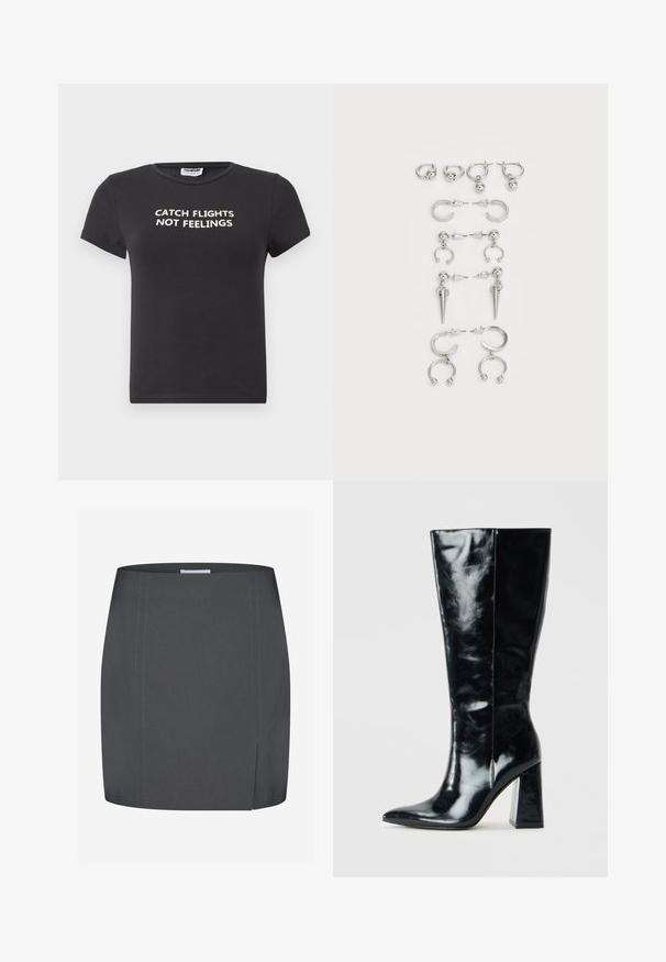 Sort bomulds t-shirt med korte ærmer, der har hvid tekst, som står "CATCH FLIGHTS NOT FEELINGS." Klassisk crew neck design.; Envii SPLIT - Pencil skirt - grey; Sorte knæhøje støvler lavet af blank læder, med spidse tå og en chunky geometrisk hæl med en glat tekstur.; Sæt med sølvøreringe med forskellige designs: hoops, studs og hængende stilarter, med kugleaccenter og spidse elementer.