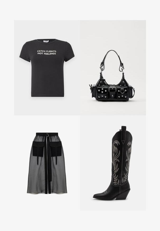 Sort bomulds t-shirt med korte ærmer, der har hvid tekst, som står "CATCH FLIGHTS NOT FEELINGS." Klassisk crew neck design.; Sort gennemsigtig nederdel med en rynket talje, der har to store forlommer, et taljebånd og en cirkulær metaldetalje.; Sorte læder cowboystøvler med spidse tæer, kilehæle og sølv broderede blomster mønstre langs skaftet. Kontrast syning overalt.; Sort læderhåndtaske med et buet design, prydet med sølvfarvede nitter, en spænde og to sidelommer. Justerbar rem til forskellige bære muligheder.
