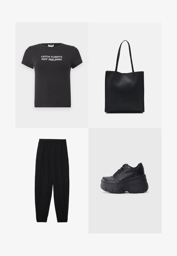 Musta puuvillapaita, jossa on lyhyet hihat ja valkoinen teksti "CATCH FLIGHTS NOT FEELINGS." Klassinen ympäri kauluspaita-mallin muotoilu.; Mustat, kevyet housut, joissa on joustava vyötärö ja kerätyt nilkat. Kangas on sileä ja siinä on rento, kapeneva muotoilu.; Musta nauhallinen lenkkarit, joissa on paksu pohja, ja jotka sisältävät sileästä nahasta valmistetun yläosan, pyöreän kärjen ja erottuvan kerroksittain muotoillun pohjan.; Mustapahkainen kangaskassi, jossa on sileä pinta, suorakaiteen muotoinen ja kaksi pitkää kahvaa. Ei näkyvää metalliosaa tai koristeita.