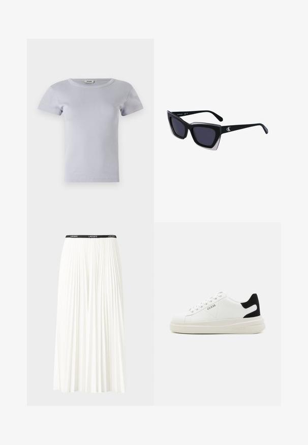 Ljusblå kortärmad T-shirt i ribbat tyg med rund halsringning och figurnära siluett, präglad av minimala sömdetaljer.; Fälld vit kjol med svart elastiskt midjeband som har "LACOSTE"-logotypen. Mittenlång design med mjuk textur.; Vita lädersneakers med en tjock vit sula, svartsuede hälaccent och präglad logotyp på sidan. Snörningsdesign med sex öglor.; Svart överdimensionerade solglasögon med geometrisk form, med mörka linser och en kontrasterande grå detalj på ramen. Logotyp på bygeln.