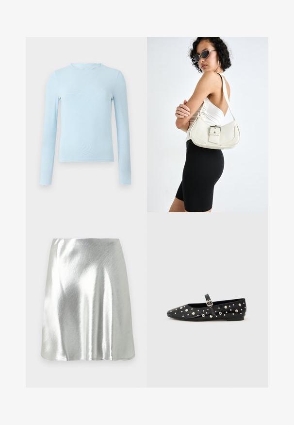 Blusa de manga longa azul clara feita de um tecido suave, com decote em formato de onda e design ajustado, com bainha reta e sem padrões.; Mini saia metálica prateada com textura suave e ligeiro brilho. Apresenta um design evasé e uma bainha simples e limpa.; Sapatilhas de balé em couro preto com bico fino, adornadas com tachas prateadas e uma fivela lateral. Superfície texturizada com sola plana.; Bolsa de couro branca com um formato curvado, alça ajustável e um pequeno detalhe de fivela. Modelo usa um traje preto ajustado.
