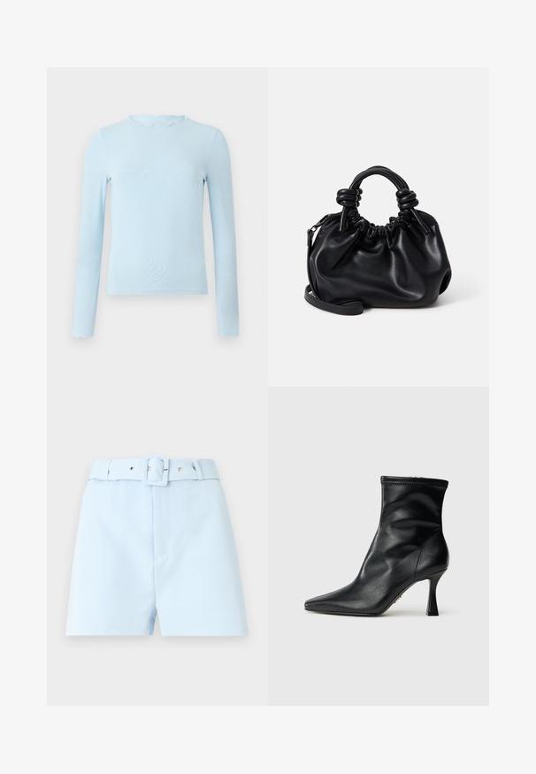 Light blue long-sleeve top made of a smooth fabric, featuring a scalloped neckline and fitted design, with straight hem and no patterns.; Light blue shorts with a belted waist, featuring a square buckle and metal hardware accents. Smooth fabric, tailored cut, and pleated front.; Black leather pointed-toe ankle boot with a mid-height flared heel, smooth finish, and a side zipper closure.; Black leather handbag with a gathered design, short rounded handles, and a detachable shoulder strap. Smooth texture with a soft silhouette.