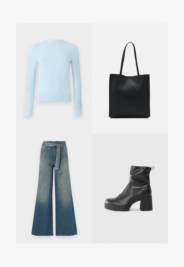 Hellblaues Langarmoberteil aus glattem Stoff, mit einem gewellten Halsauschnitt und taillierter Passform, geradem Saum und ohne Muster.; Weit geschnittene Denim-Hosen mit einem Farbverlauf von hellblau zu dunkelblau, hoher Taille, Gürtelschlaufen und einem passenden Stoffgürtel. Strukturierte Denim-Oberfläche.; Schwarze Stiefeletten aus glattem Leder mit seitlichem Reißverschluss, klobigem strukturiertem Absatz und runder Zehenform.; Schwarze Laptoptasche aus Leder mit glatter Textur, rechteckiger Form und zwei langen Griffen. Keine sichtbaren Beschläge oder Verzierungen.