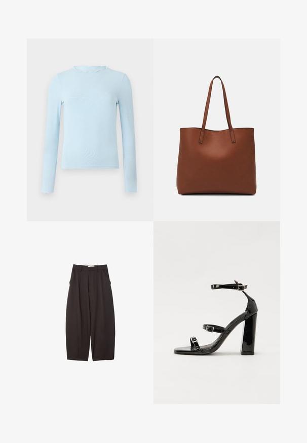 Hellblaues Langarmoberteil aus glattem Stoff, mit einem gewellten Halsauschnitt und taillierter Passform, geradem Saum und ohne Muster.; Schwarze weit geschnittene Hosen aus einem glatten Stoff, mit hoher Taille, Frontfalten und Seitentaschen. Schlichtes Design ohne Verzierungen.; Schwarze Lackleder-Sandalen mit hohen Absätzen, zwei Riemen mit Schnallen, quadratischer Zehenpartie und klobigem Blockabsatz, mit einer glatten, glänzenden Textur.; Braune Leder-Tote mit glatter Textur, offenem Oberteil und zwei Schulterriemen. Verfügt über minimale Nähte und keine sichtbaren Beschläge.