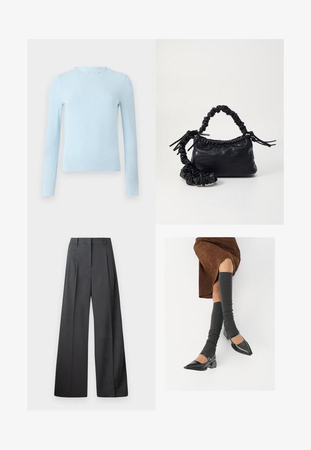 Gaiši zils gara piedurkne tops no gludas auduma, ar viļņotu kakla izgriezumu un pieguļošu dizainu, ar taisnu apakšmalu un bez rakstiem.; Platās kājas bikses tumši pelēkā audumā, ar augstu jostasvietu, ar vienu uzpūstu vīli un gludu tekstūru ar tīru apdari ap malām.; Melnas laka ādas apavi ar norādītu purngalu, blokveida papēdi un potīšu jostu, saskaņoti ar pelēkām ribotām kāju sildītājām un brūnu zamšādas svārku.; Melnā mākslīgās ādas rokassoma ar krokodila rakstu, savilkta augšdaļa un saburzīta siksna. Izskatās mīksta un kompakta pēc dizaina.