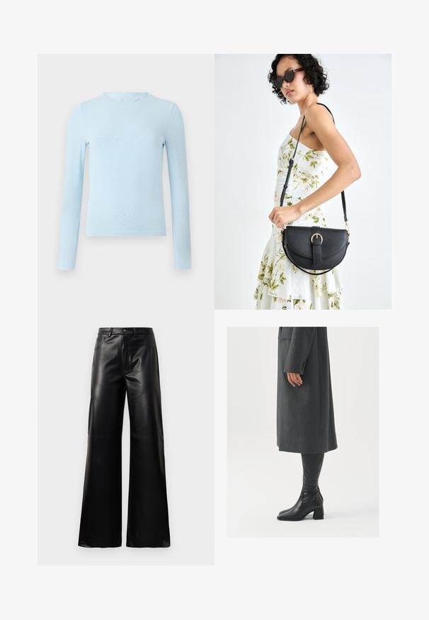 Vaaleansininen pitkähihainen paita, joka on valmistettu tasaisesta kankaasta. Paidan kauluksessa on laineellinen yksityiskohta ja se on istuva malli, suora helma ilman kuvioita.; Mustat korkeat leveät keinonahkahousut, joissa on etupainike, vetoketjukiinnitys, vyölenkit ja sivutaskut valkoista taustaa vasten.; Harmaa, muotoiltu pitkätakki suoran leikkauksen kanssa; yhdistetty polven yli yltäviin mustiin nahkasaappaisiin, joissa on neliön muotoinen kärki ja paksu kanta.; Musta nahkainen käsilaukku, joka on kaareva muotoilultaan, irrotettavalla hihnalla ja kultaisilla yksityiskohdilla. Laukussa on läppä, jossa on solk yksityiskohta.