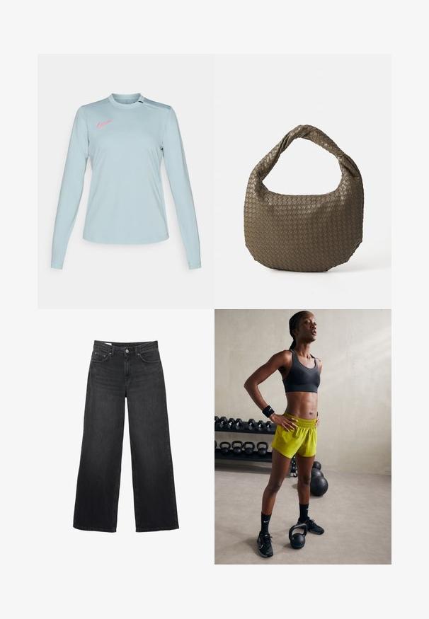 Maglietta Nike a maniche lunghe azzurro chiaro con collo rotondo, caratterizzata da un logo rosa sulla spalla sinistra e un tessuto liscio e strutturato.; Jeans neri a gamba larga realizzati in denim. Caratterizzati da un classico design a cinque tasche, una silhouette dritta e una chiusura con bottone frontale.; Reggiseno sportivo nero, pantaloni corti giallo brillante con vita elastica, scarpe da ginnastica nere e polsini, in piedi accanto a kettlebell.; Borsa in oliva intrecciata con forma arrotondata e manico attorcigliato. La superficie testurizzata presenta un motivo diagonale. Chiusura con cerniera.