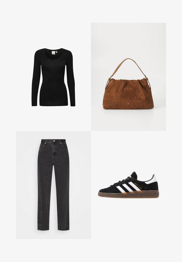 Zwarte lange mouwen top met een ronde halslijn, gemaakt van een zachte, rekbare stof. Heeft een aansluitende silhouette en een minimalistisch ontwerp.; Zwarte denim jeans met rechte pijpen en hoge taille, met een knoop en rits aan de voorkant en vijf zakken, op een witte achtergrond.; Zwarte Adidas sneaker met witte strepen, gouden "Spezial" tekst, gumzool en witte hieltab, weergegeven in zijaanzicht.; Bruine suède handtas met een geplooid ontwerp, voorzien van een enkele tan kleur leren schouderband en een subtiele gouden logo-detail aan de voorkant.