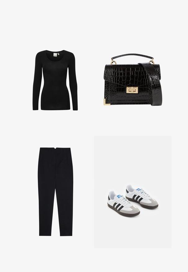 Maglietta nera a maniche lunghe con scollatura rotonda, realizzata in un tessuto morbido ed elasticizzato. Presenta una silhouette aderente e un design minimalista.; Pantaloni neri realizzati in un tessuto testurizzato, con un frontale piatto, tasche laterali e una vestibilità dritta con vita medio-alta.; Scarpe sportive con tomaia in pelle bianca, punta in suede grigia e tre strisce nere. Presentano un logo blu sulla linguetta e una suola in gomma testurizzata.; Borsa a tracolla nera in pelle verniciata con texture a coccodrillo, hardware dorato, manico superiore e una tracolla removibile. Forma rettangolare con chiusura a patta.