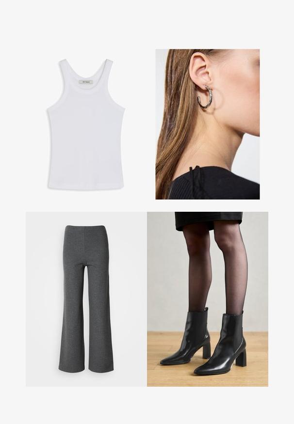 Hvit tanktop laget av glatt stoff, med rund hals og brede skulderstropper, med en etikett inni som sier "IVY OAK."; Grå vide ben bukser lavet af blødt stof, med en glat tekstur og et højtaljet design uden synlige lukninger.; Sorte ankelstøvler i skinn med spiss tå, chunky firkantet hæl, og slank design. Har elastiske sidede paneler for enkel påføring.; Sølv ringøredob med en polert finish, med små gull detaljer og en rund form, båret på øreflippen.