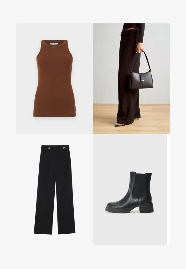 Brauner gerippter Tank-Top mit einer taillierten Passform, Rundhalsausschnitt und breiten Trägern. Verfügt über ein kleines Logotag an der Seite.; Schwarze weite Hosen mit hoher Taille, Knopfdetails am Bund und vorderen Falten.; Schwarze Leder-Stiefelette mit elastischen seitlichen Einsätzen, runder Zehenpartie und niedrigem Blockabsatz. Die Oberfläche hat eine glatte Textur und minimalistische Details.; Schwarze Handtasche mit strukturierter Form, glatter Textur und einem metallischen Verschluss. Kombiniert mit weiten schwarzen Hosen und offenen Sandalen auf einem Holzboden.