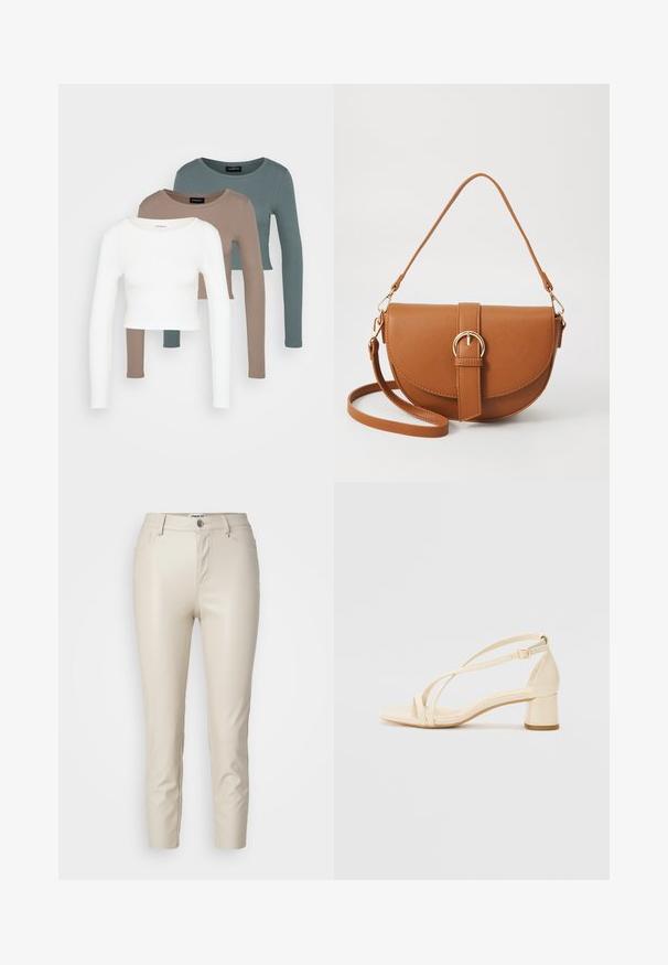 Três tops cropped de manga longa empilhados, nas cores branca, bege e teal suave, com golas redondas sobre um fundo cinza claro.; Calças de imitação de pele bege com um corte justo, bolsos frontais e fecho de botão, apresentando textura suave e pernas afuniladas.; Sandálias de salto bege com salto bloco, design com tiras e correia no tornozelo ajustável, feitas de material sintético liso com acabamento mate.; Bolsa transversal de couro castanho com um formato curvado, ferragens douradas e um detalhe de fivela. Inclui uma alça de ombro destacável.