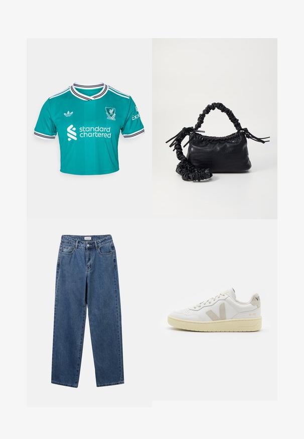 adidas Originals LIVERPOOL FC 25/26 THIRD JERSEY CROP - Športne kratke hlače - sea green; Klasične modre jeans hlače s ravnim krojem, petimi žepi in gumbom za zapiranje. Imajo srednje pranje in trdno teksturo.; Bela usnjena tenisača z bež semiš poudarki, perforiranim prednjim delom, ravnimi vezalkami in strukturiranim kremnim podplatom. Ima diskretno blagovno znamko na peti.; Črna torbica iz umetnega usnja s krokodilovo teksturo, z zvitim vrhom in zmečkano naramico. Zdi se mehka in kompaktna v oblikovanju.