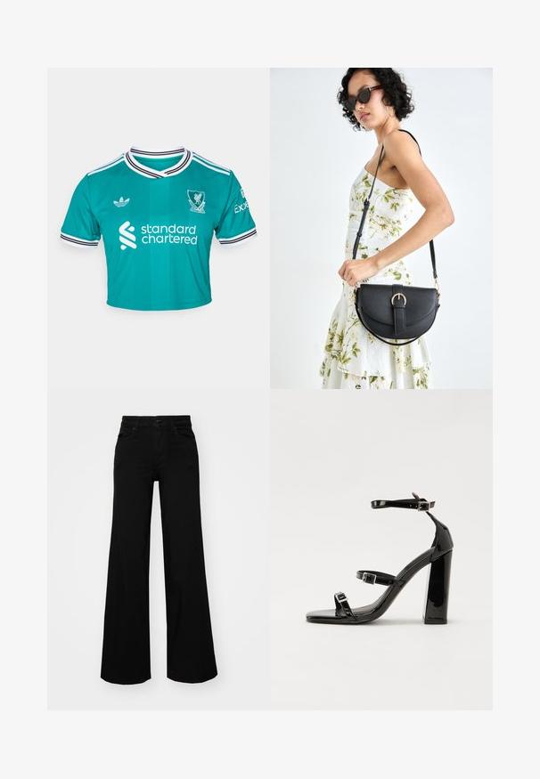adidas Originals LIVERPOOL FC 25/26 THIRD JERSEY CROP - Klubbklær - sea green; Svart vide bukser laget av denim, med en strukturert midjebånd, beltestropper og frontlommer. Glatt tekstur med et klassisk design.; Svart høyglans sandaler med hæl, firkantet tå, ankelremmer og sølvspenner. Har en kraftig blokkhæl for stabilitet.; Svart lærveske med en buet form, avtagbar stropp og gullbeslag. Vesken har et klaff med spenne-detall.