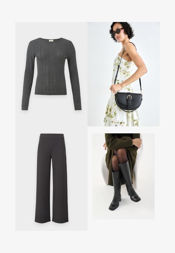 Top de mangas compridas, ajustado, em malha de cor cinza escuro com riscas verticais subtis e um decote redondo. Textura suave com ligeiro brilho no tecido.; Calças largas em tecido cinza escuro, com uma textura suave, cintura elástica e dois bolsos frontais. Design de frente plana.; Botas de couro pretas até ao joelho com biqueira quadrada e salto em bloco, apresentadas com um modelo sentado num casaco verde-azeitona. Textura lisa, com detalhes mínimos.; Bolsa de couro preta com forma curva, alça destacável e detalhes em dourado. A bolsa possui uma aba com detalhe de fivela.