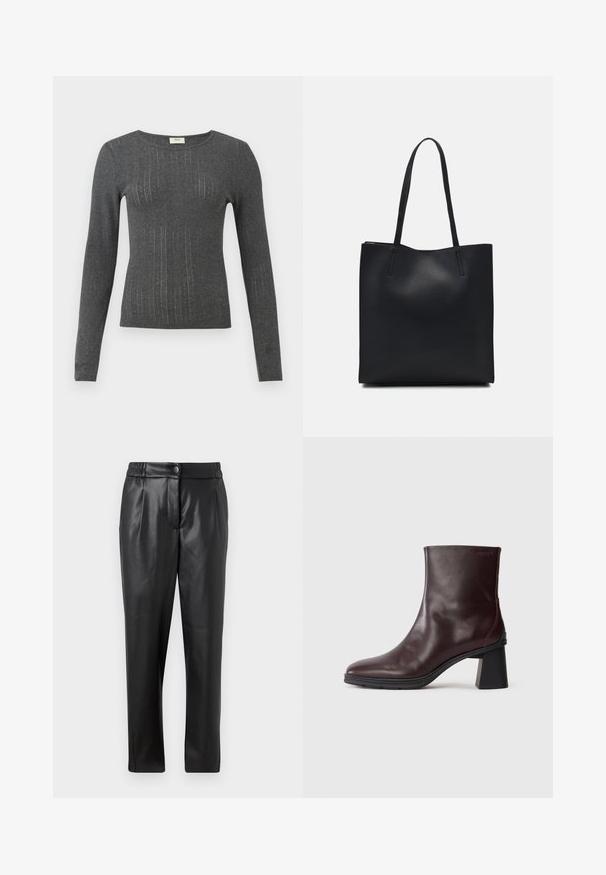 Dolga majica z dolgimi rokavi, prilegajoča v temno sivi pletenini z rahlimi navpičnimi črtami in okroglo ovratnikom. Mehka tekstura z rahlim leskom v tkanini.; Črne usnjene hlače z gladko teksturo, ravnim krojem, elastičnim pasom in sprednjim gumbom; nagubani detajli in zoženi nogi.; Temno rjave usnjene gležnjarje z blokastim peto in okroglo konico, prikazane na enobarvnem svetlo sivo ozadju.; Črna usnjena torba s svilnato teksturo, pravokotne oblike in dvema dolgima ročajema. Brez vidnih metalnih delov ali okrasnih elementov.