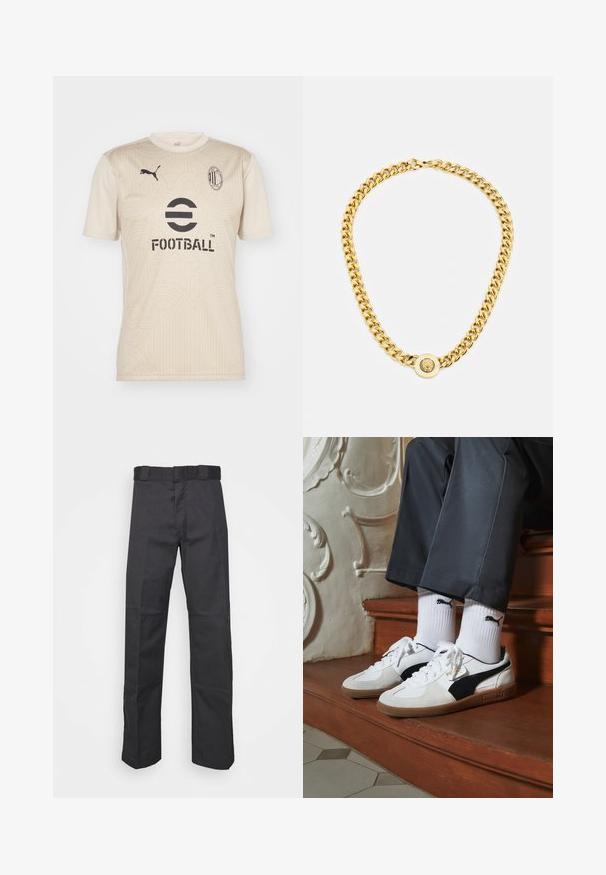 Puma AC MILAN PREMATCH - T-Shirt sport - putty/prairie tan; Pantaloni neri realizzati in tessuto resistente, con un design a gamba dritta, una cintura con passanti per la cintura e cuciture per una maggiore texture.; Sneakers Puma in suede bianco e nero, con suola in gomma marrone. Abbinati a calzini bianchi con logo nero, indossati con pantaloni scuri.; Collana in oro con grandi anelli intrecciati, caratterizzata da un dettaglio pendente circolare al centro con un emblema in rilievo.