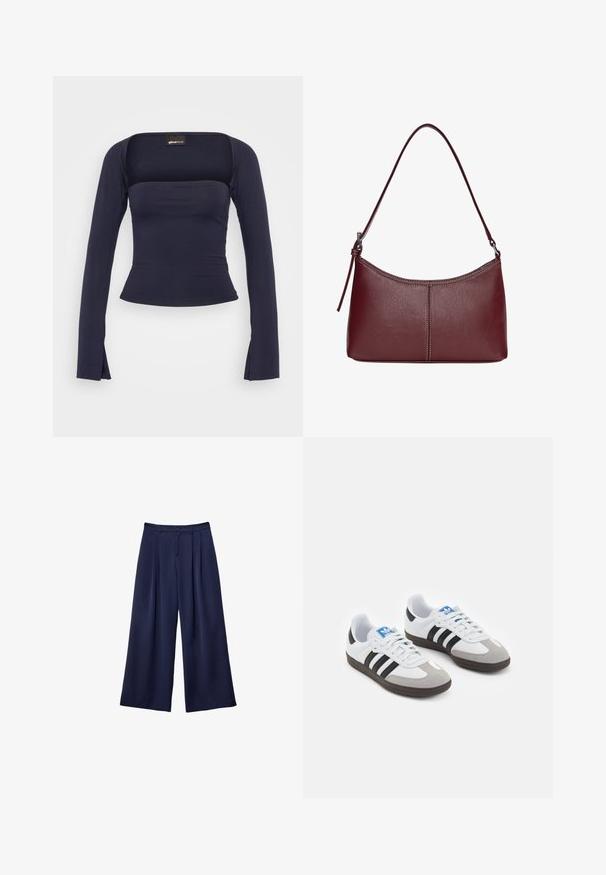 Gina Tricot SOFT TOUCH SQUARE NECK TOP - Langarmshirt - black iris; Marineblaue weite Hosen mit Falten, Knopfverschluss und Gürtelschlaufen, flach auf einem weißen Hintergrund präsentiert.; Sportschuhe mit einem Obermaterial aus weißem Leder, grauer Wildleder-Zehenkappe und drei schwarzen Streifen. Sie verfügen über ein blaues Logo auf der Zunge und eine strukturierte Gummisohle.; Bordeauxfarbene Ledertasche mit geschwungener Form, einem einzigen Schulterriemen und gesteppten Details in der Mitte. Glatte Textur, minimales Zubehör.