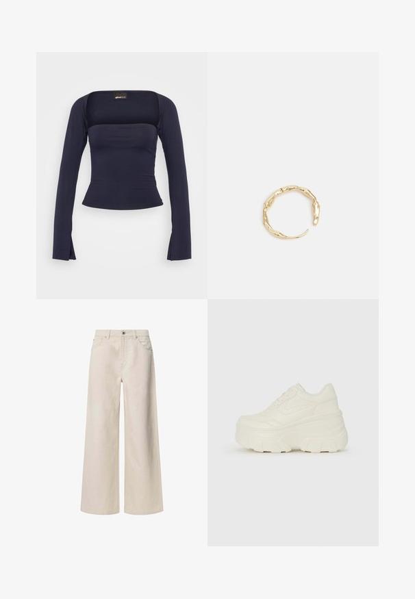 Gina Tricot SOFT TOUCH SQUARE NECK TOP - Maglietta a manica lunga - black iris; Jeans beige a gamba larga realizzati in cotone, con un classico design a cinque tasche, chiusura con bottone anteriore e cuciture pulite.; Sneakers bianchi con piattaforma, caratterizzati da una parte superiore simile alla pelle liscia, forma arrotondata, collo imbottito e suola in gomma testurizzata con scanalature ben definite.; Anello in tono oro con un design organico e Twisted, caratterizzato da una superficie liscia e punte affusolate, che crea un aspetto moderno e scultoreo.