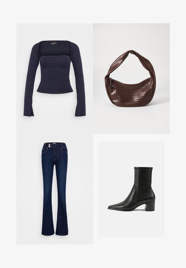 Gina Tricot SOFT TOUCH SQUARE NECK TOP - Ilgarankovis viršutinės dalies drabužis - black iris; Tamsiai mėlynos plačios džinsinės kelnės su aukštu liemeniu, dviem priekinėmis kišenėmis ir dviem mygtukais. Pagamintos iš lygios tekstūros džinsinio audinio.; Juodos odinės aulinės botai, turintys smailią nosį, storą kulną ir ryškiai išryškintą siuvinėjimą viršutinėje dalyje.; Ruda pintinė odinė rankinė su kreiviu, mazguotu rankenėle ir užtrauktuko uždarymu. Lygus tekstūra ir apvalios formos.