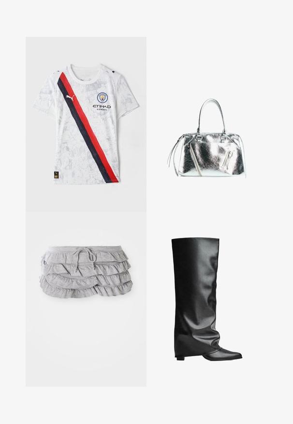 Vit fotbollströja i syntetiskt tyg. Utrustad med ett rött och svart diagonalt rand, Manchester City-logotyp och PUMA-logotyp.; Grå volangkjol med lagerdesign, dragsko i midjan, mjuk textur, färdiga kanter och kaskadvolanger.; Svarta läderstövlar som når knäna med en slät yta, en avslappnad design, spetsig tå och en låg kvadratisk klack. Minimalistisk stil utan synlig hårdvara.; Metallisk silverfärgad handväska med en strukturerad form, två handtag upptill och blixtlåsfickor fram. Slät, glänsande yta.