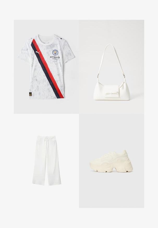 Bijela nogometna majica od sintetičkog materijala. Ima crvenu i crnu dijagonalnu prugu, logo Manchester Cityja i PUMA logo.; Bijele hlače širokih nogavica od mekanog materijala, s elastičnom trakom u struku i dva prednja džepa. Glatka tekstura i bez vidljivih uzoraka.; Masivne bijele tenisice od teksturirane mreže i sintetičkih materijala, sa debelim potplatom i složenim uzorcima duž strana.; Bijela sintetička torbica s trokutastim oblikom, ravnim prednjim poklopcem i detaljem u obliku mašne, podesivom remenom, glatkom teksturom i minimalističkim dizajnom.