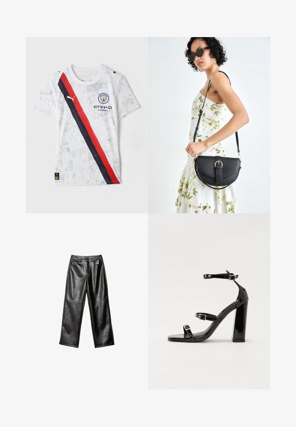 Bijela nogometna majica od sintetičkog materijala. Ima crvenu i crnu dijagonalnu prugu, logo Manchester Cityja i PUMA logo.; Crne kožne hlače širokog kroja sa glatkom teksturom, dizajnom s pet džepova i šivenim detaljima duž nogu i struka.; Crne lakirane sandale na visoku petu s dva remena s kopčama, kvadratnim vrhom i masivnom blok petom, s glatkom, sjajnom teksturom.; Crna kožna torba s lukovitim oblikom, odvojivim remenom i zlatnim detaljima. Torba ima preklop s kopčom.