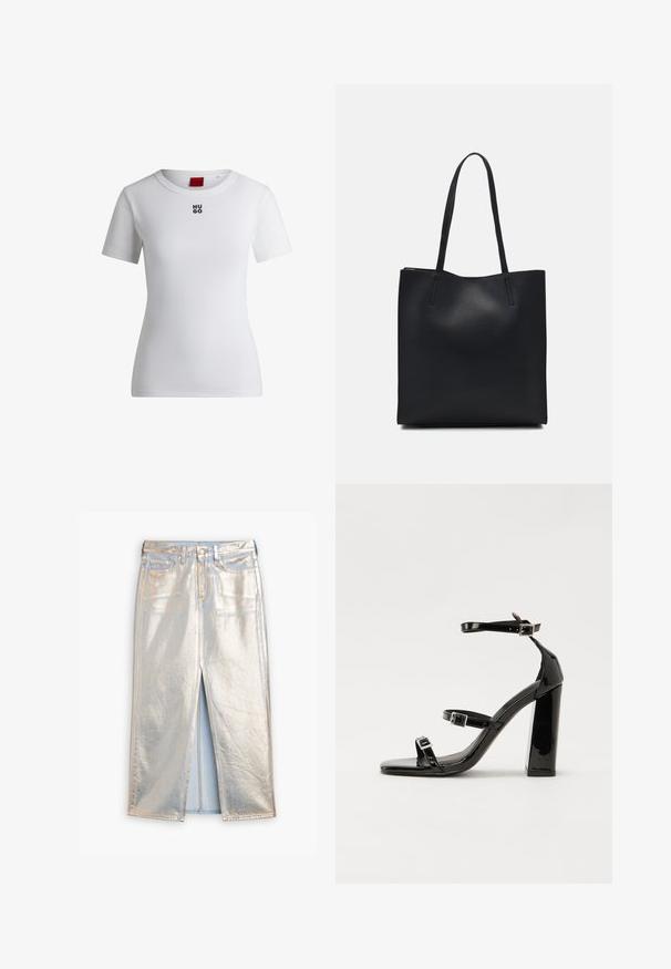 T-shirt branca de algodão com decote redondo e mangas curtas. Apresenta um pequeno logotipo preto "HUGO" no peito. Textura suave.; Saia de denim metálica prateada com fenda frontal, dois bolsos e fecho com botão. Apresenta uma textura brilhante e costura azul contrastante.; Sandálias de tacão preto laqueadas com bico quadrado, tiras para o tornozelo e fivelas prateadas. Apresentam um salto bloco chunky para estabilidade.; Bolsa tote preta em couro com textura lisa, forma retangular e duas alças longas. Sem hardware ou enfeites visíveis.