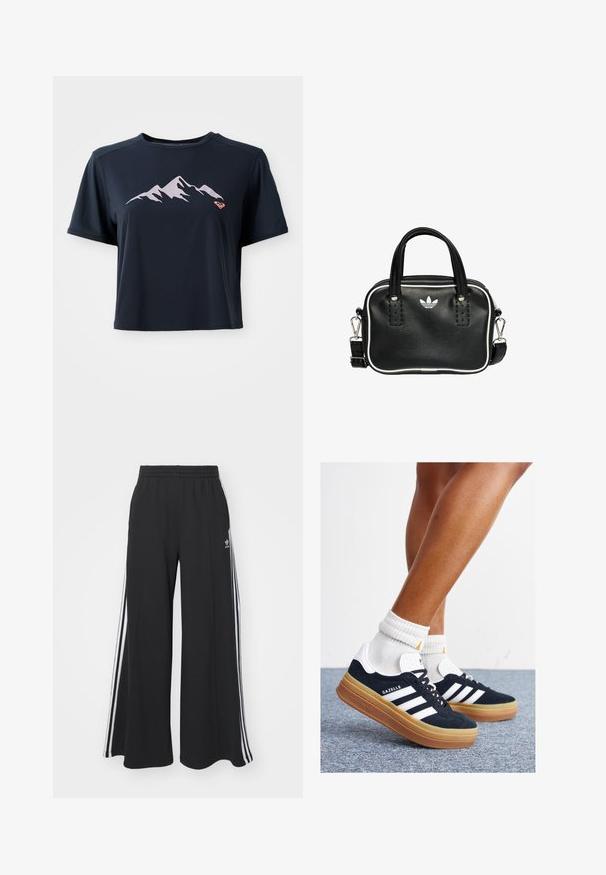 Navy blue cropped t-shirt made of smooth fabric, featuring a light pink mountain graphic and a small orange logo on the lower left.; Black wide-leg sweatpants with an elastic waistband, featuring white side stripes and an embroidered logo on the left thigh.; Black suede sneakers with white stripes and accents, rounded toe, gum rubber outsole, paired with white ribbed crew socks.; Black leather handbag with two short handles, silver hardware, white accents, and a white logo. Features a textured surface and compact design.