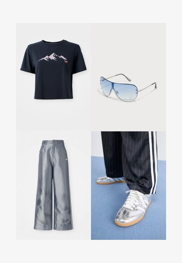 Granatowa, skrócona koszulka z gładkiego materiału, z jasnoróżowym wzorem przedstawiającym góry oraz małym pomarańczowym logo w lewym dolnym rogu.; Szerokie spodnie w błyszczącym szarym kolorze, z białymi paskami po bokach i wzorem płomieni na dolnej części nogawek. Zapięcie na guzik i zamek błyskawiczny w talii.; Metaliczne srebrne trampki z białymi sznurowadłami i trzema białymi paskami, zestawione z czarnymi spodniami w prążki. Guma na podeszwie na dole.; Okulary przeciwsłoneczne typu aviator z gradientowymi niebieskimi szkłami, srebrną metalową oprawą oraz dekoracyjnymi akcentami w kształcie gwiazdek na soczewkach. Gładki i elegancki design.