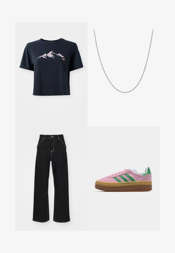 T-shirt cropped azul-marinho feito de tecido suave, apresentando um gráfico de montanha em rosa claro e um pequeno logotipo laranja na parte inferior esquerda.; Calças de ganga largas pretas, com costuras brancas em contraste e fecho frontal com botão, apresentando dois bolsos frontais inclinados.; Ténis de camurça rosa com riscas verdes, detalhes brancos e sola de borracha castanha. Apresenta tecido texturizado e detalhes de logótipo na lateral.; Colar de corrente de prata com um design de elos planos, redondos e suaves. Apresenta um acabamento brilhante e mede aproximadamente 20 polegadas de comprimento.