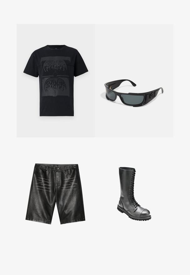 Camiseta de algodón negra con un gran diseño gráfico oscuro que presenta formas y líneas abstractas centradas en la parte delantera. Mangas cortas y cuello redondo.; Shorts de poliéster negro con textura suave, cinco bolsillos y un sutil detalle de rayas en la parte delantera. Diseño clásico de corte recto.; Botas de combate negras de cuero con cordones, de caña alta, puntera redonda, cuello acolchado y suela de goma texturizada para un mejor agarre.; Gafas de sol con montura de plástico negro, lentes grises, diseño envolvente, acentos laterales y un detalle de logo en la varilla.
