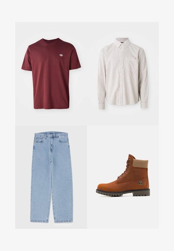 T-shirt de algodão burgundy com decote redondo, mangas curtas e um pequeno logótipo circular da marca bordado no lado esquerdo do peito.; Camisa branca de manga comprida, com botões, com finas riscas verticais vermelhas e um bolso no peito com um pequeno logo vermelho e azul.; Jeans de denim azul claro com design de perna reta, apresentando uma cintura de altura média, cinco bolsos e um fecho de botão e zíper.; Timberland Botins de atacadores - medium orange