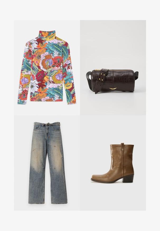 Pikakarvade, kõrge kaelusega top, millel on elav lillemuster, sisaldades mitmevärvilisi õisi ja rohelisi lehti valgel taustal.; Heledad sinine teksapüksid, millel on lõdva ja sirge jala disain. Omab venitamist, pleekimist ja kulunud detaile põlvede lähedal. Klassikaline viie tasku stiil.; Pruun nahkne ankle boot ruudukujulise varbaga, tekstuuriga viimistluse ja madala virnastatud kontsaga. Sisaldab taga tõmbeaasat ja peeneid õmbluse detaile.; Pruunist krokodillimustrist nahast kott, millel on silindri kuju, kuldse tooni metalldetailid ja eemaldatav rihm, kus on nupud.