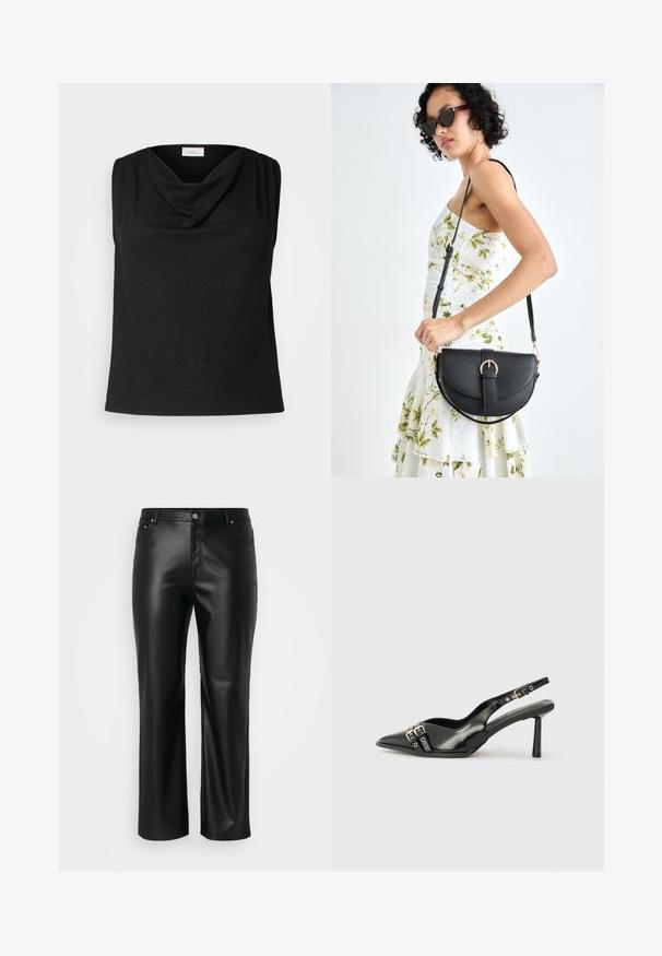 ONLY Carmakoma CARSELVI WATERFALL - Topp - black; Mustast kunstnahast püksid sirge lõikega, millel on vöökohad, ees taskud ning lukuga sulgemine, millel on nööp. Sujuv tekstuur.; Must musta nahk kingad sanga ja terava ninaga, ankle strapidega, millel on hõbedased pandlad ja riistvara ning õhuke konts.; Mustmust mustraha kõverate joontega, eemaldatava rihmaga ja kuldsete detailidega. Kotil on klapp, millel on pandladetail.