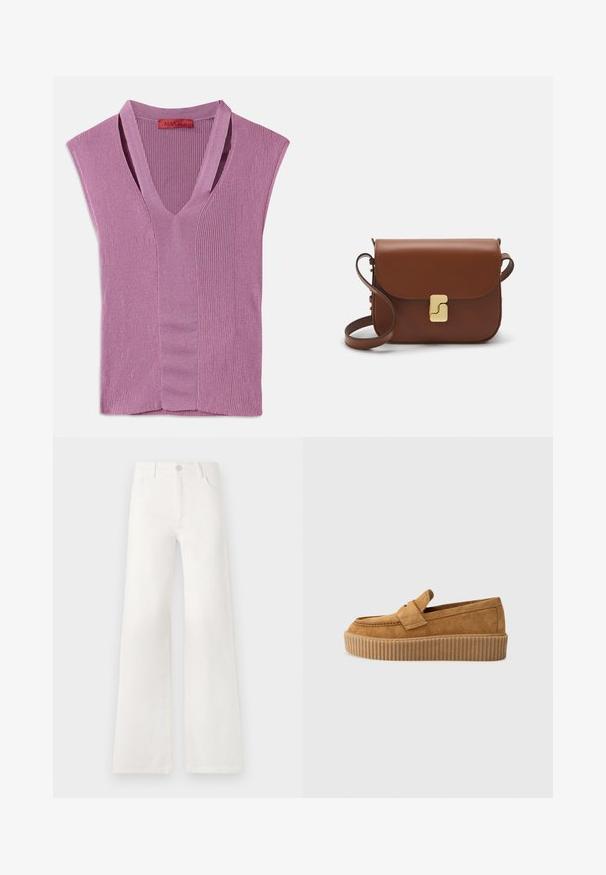 V-neck sleeveless top in light purple ribbed knit with a center seam detail, featuring a label at the neckline.; White, high-waisted wide-leg jeans made of denim. Features a button closure, two front pockets, and side seams with stitching details.; Brown suede loafer with a round toe, featuring a ribbed platform sole and a decorative strap across the upper.; Brown leather handbag with a flap closure, gold-tone hardware, a shoulder strap, and a smooth texture. Compact rectangular shape.