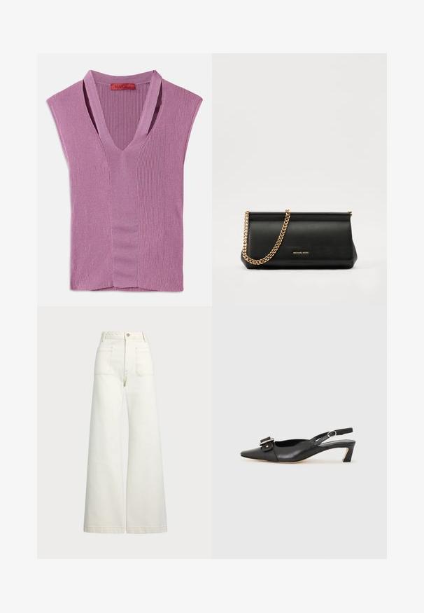 V-neck sleeveless top in light purple ribbed knit with a center seam detail, featuring a label at the neckline.; Wide-leg jeans in off-white denim. High-waisted design with a button closure, two front pockets, and contrast stitching details.; Black leather slingback shoe with pointed toe, small heel, and decorative buckle detail on the upper. Smooth texture, minimalistic design.; Black leather clutch bag with a gold chain strap, featuring a smooth texture, rectangular shape, and embossed branding on the front.