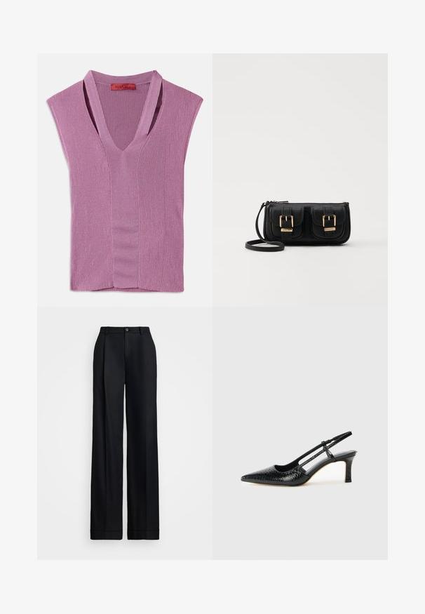 Top sin mangas de punto acanalado en un ligero tono púrpura con detalle de costura central, que presenta una etiqueta en el escote.; Pantalones de pierna ancha negros con un acabado suave, frente plano, trabillas para cinturón y un cierre de botón único en la cintura.; Tacón slingback negro de charol con punta afilada, que presenta un estampado de serpiente texturizado, correa ajustable y un tacón bloque corto y texturizado.; Bolso cruzado de cuero negro con dos bolsillos frontales, hebillas doradas, cierre de cremallera y una correa delgada. Superficie texturizada y forma rectangular compacta.
