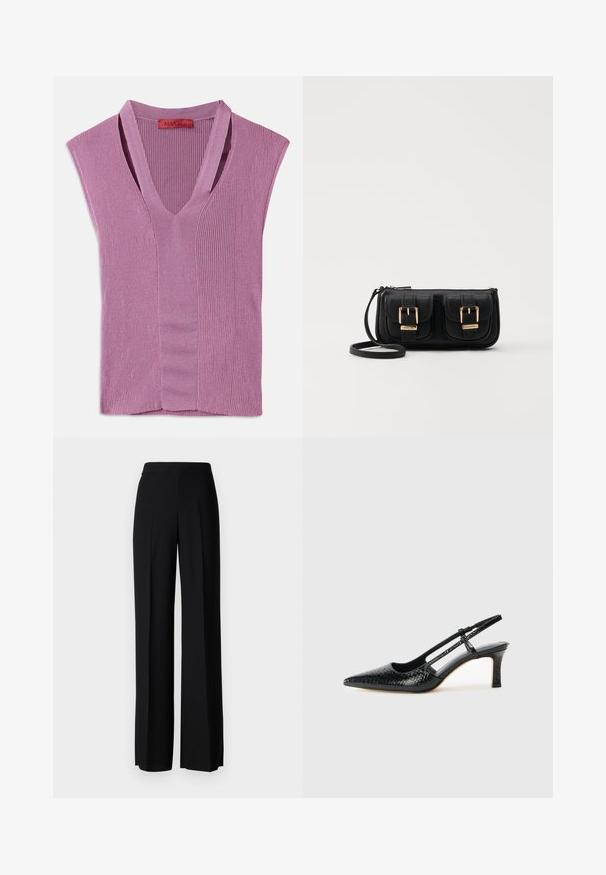 Lys lilla ermeløs topp med V-hals i ribbestrikket stoff med midt-seam detalj, med et merke ved halslinjen.; Sorte vidde bukser med en glatt tekstur, med høy midje og sentrale folder. Ingen synlige mønstre eller maskinvaredetaljer.; Sorte patent slingback hæl med spids tå, featuring tekstureret slangeskind, justerbar rem og en kort, tekstureret blokhæl.; Svart skinn crossbody veske med to frontlommer, gyldne spenner, glidelåslukking og en slank stropp. Teksturert overflate og kompakt rektangulær form.