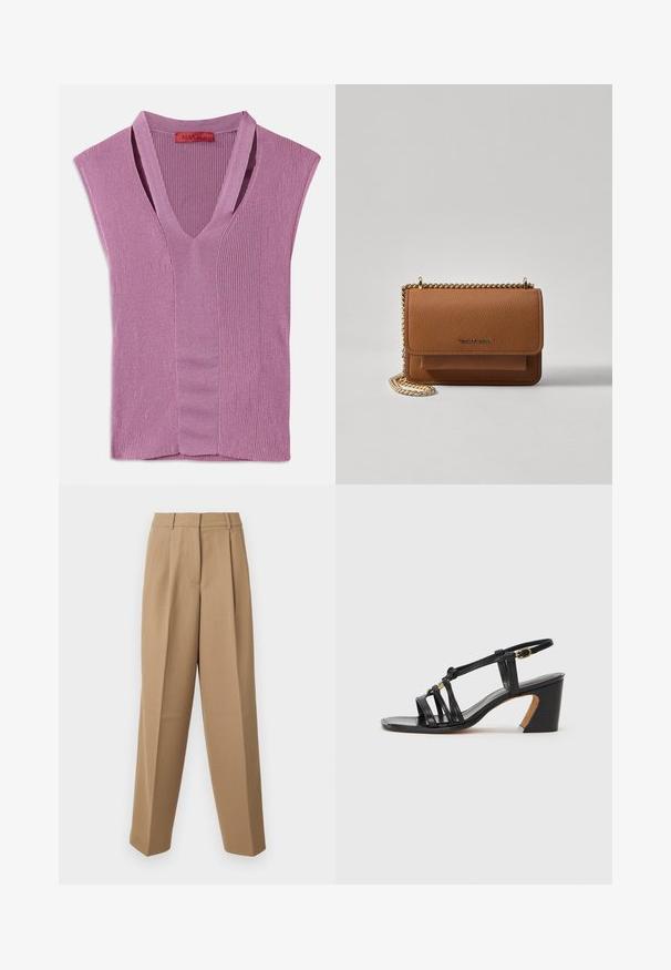 Mouwloze top met V-hals in lichtpaarse geribde tricot, met een middennaad detail en een label bij de halslijn.; Beige op maat gemaakte broek met een hoge taille, geplooide voorkant en wijde pijpen. De stof lijkt glad met een lichte glans.; Paul Smith AMIRA - Klassieke pumps - black; Bruine lederen schoudertas met textuur, voorzien van een gouden kettingstrap en klepsluiting. De voorkant heeft een logo-detail en een zak onder de klep.
