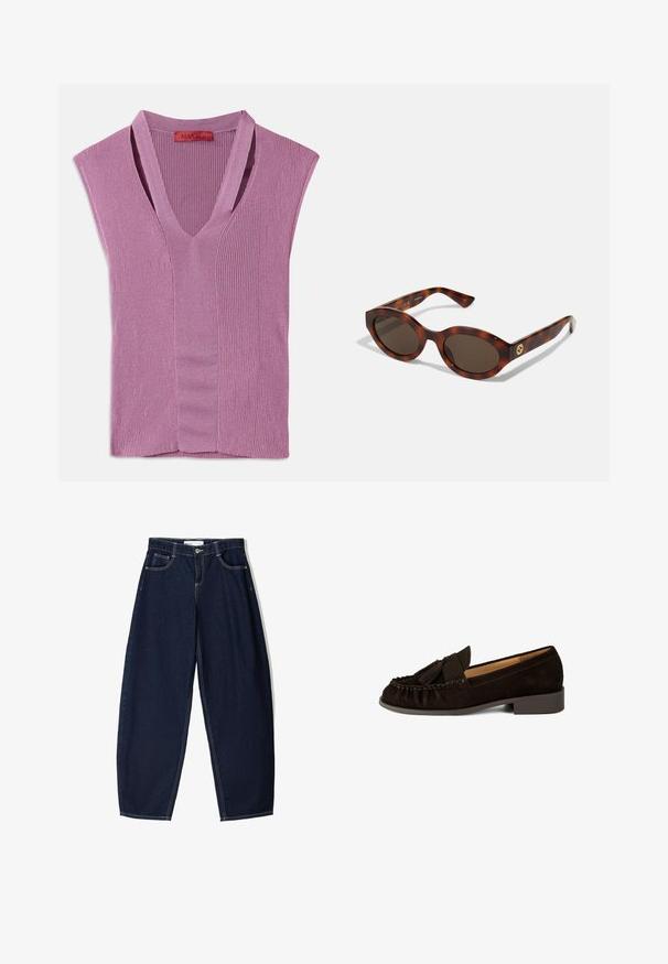 Top bez rękawów w kształcie litery V w jasnofioletowym prążkowanym dzianinie z centralnym szwem, z metką przy dekolcie.; Granatowe dżinsowe spodnie wide-leg z wysokim stanem, przednimi kieszeniami i kontrastowym szwem. Tkanina ma gładką teksturę i wyraźny kształt.; Brązowe zamszowe loafersy z zaokrąglonym noskiem, plisowanymi detalami i małym akcentem w postaci frędzelka. Posiadają niski, nieco podwyższony obcas.; Okulari w karmelowo-brązowym wzorze z okrągłymi oprawkami, ciemnymi soczewkami i złotymi detalami logo na zausznikach. Gładki plastikowy materiał, brak widocznych wzorów.; ESTRO WŁOSKIEJ ciemnobrązowy