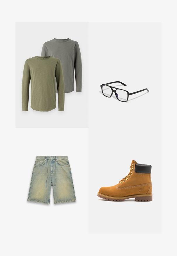 Langärmlige T-Shirts in Olivgrün und Grau. Weicher Stoff mit rundem Halsausschnitt und geschwungener Saumlinie. Einfaches Design, ohne Muster oder Verzierungen.; Hellblaue Jeansshorts mit einem elastischen Kordelzugbund, vorderen Taschen und verblasster Textur. Mit subtilen Verfärbungen und geradem Schnitt.; Beige Wildleder-Ankle-Boot mit schwarzem gepolstertem Kragen, goldenen Metallösen, weißen Nähdetalben und einer robusten Gummisohle mit ausgeprägtem Profil.; Schwarze rechteckige Brille mit klaren Gläsern und einem dezenten lila Schimmer, ausgestattet mit schlanken Bügeln und einem minimalistischen Design.