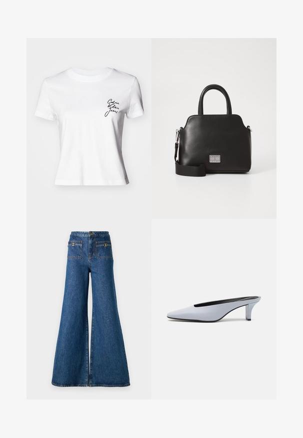 Tricou alb din bumbac cu mâneci scurte, având un guler rotund și un logo cursiv negru pe partea stângă a pieptului. Bază dreaptă.; Jeans din denim cu picioare largi, de culoare albastru închis, având talie înaltă, două buzunare posterioare cu accesorii aurii și un tiv brut la pantaloni.; Mule din piele patent albastru deschis, cu vârf ascuțit, toc transparent mic și un design elegant cu un decupaj la vamp.; Geantă sintetică neagră cu mânere superioare, curea de umăr detașabilă, formă rotundă, textură netedă și accent cu logo argintiu pe față.