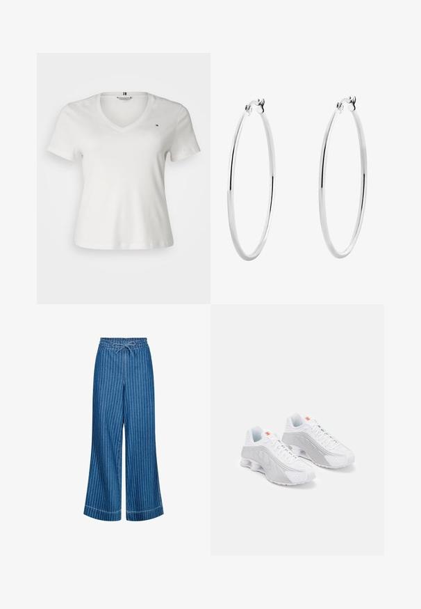 Tommy Hilfiger Curve SLIM CODY - T-shirt basic - ecru; Blauwe denim brede pijpen broek met witte verticale strepen. Voorzien van een elastische tailleband met trekkoord en een gladde textuur. Accentstiksels zichtbaar.; Witte hardloopschoenen met grijze accenten, voorzien van een getextureerde bovenkant, perforaties voor ventilatie en een gesegmenteerde hak voor demping.; Zilveren oorringen met een gladde, gepolijste oppervlakte en een dunne, ronde vorm. Het ontwerp heeft een veilige sluiting.