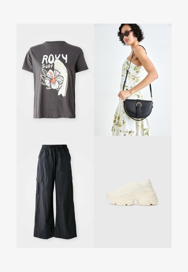 Grijze katoenen t-shirt met een witte grafische afbeelding van een vis en een hibiscusbloem met rode details, korte mouwen en een ronde hals.; Zwarte cargobroek van lichtgewicht stof, met een wijd ontwerp, elastische tailleband en meerdere zijzakken. Eenvoudig en functioneel.; Chunky witte sneakers gemaakt van geperforeerd mesh en synthetische materialen, met een dikke zool en ingewikkelde patroon details aan de zijkanten.; Zwarte leren handtas met een gebogen vorm, afneembare schouderband en gouden hardware. De tas heeft een klep met een gespsluiting.