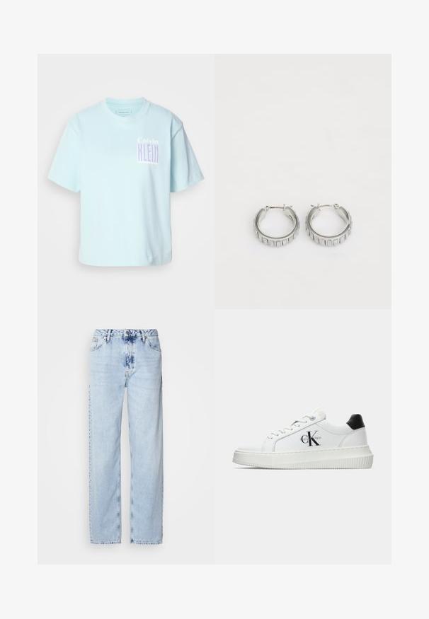 Světle modré bavlněné tričko s kulatým výstřihem a krátkým rukávem. Na přední straně je grafický design s nápisem "Calvin Klein" v purpurové barvě.; Světle modré široké džíny z denimu, s vysokým pasem, výrazně vybledlým odstínem a decentním vzorem tie-dye na přední straně.; Bílé nízké tenisky s černým patním tabem, platformovou podrážkou, tkaničkami a logem Calvin Klein "CK" na boku.; Stříbrné kruhové náušnice s texturovaným designem a vertikálními drážkami. Kulatý tvar s pevným uzávěrem. Hladký povrch.