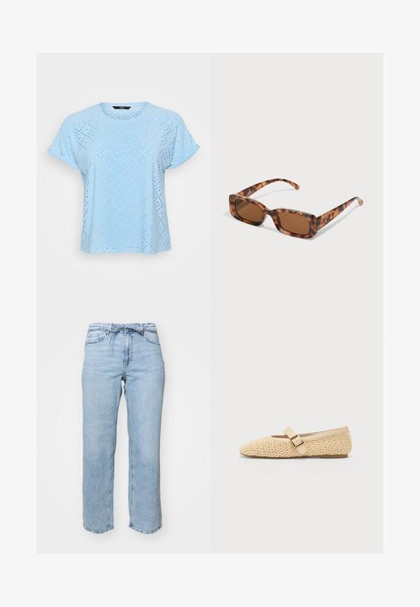 Top de manga corta en azul claro con una tela texturizada que presenta cortes en forma de diamante y círculos, creando un diseño transpirable.; Jeans de mezclilla azul claro con un corte recto y relajado, cinco bolsillos y una cinturilla con trabillas. Acabado desgastado con un desvanecimiento sutil.; Bailarinas de yute beige con punta afilada, que cuentan con una correa decorativa de hebilla y un perfil bajo. Textura suave con un diseño sencillo.; Gafas de sol de carey con lentes marrones rectangulares, un marco grueso y patillas delgadas que presentan un patrón de diferentes tonos de marrón.; Bolso amarillo plisado hecho de cuero sintético suave, con una forma blanda y una sola correa para el hombro, además de un diseño de parte superior recogida.
