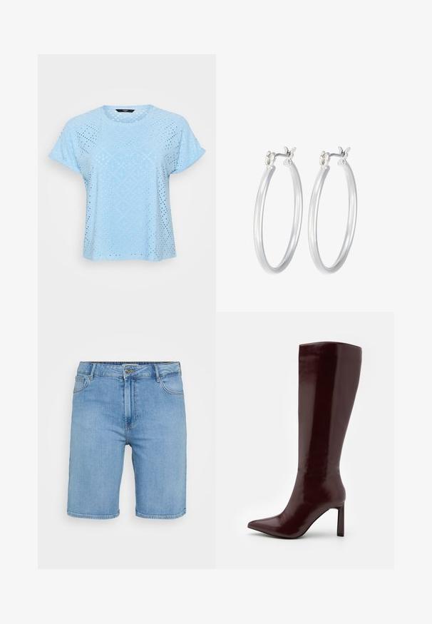 Gaiši zils īsas piedurknes tops, kas izgatavots no teksturēta auduma ar dimanta un apļa izgriezumiem, radot elpojošu dizainu.; Gaiši zili denima šorti ar klasisku griezumu, kas aprīkoti ar priekšējo pogu aizdari, jostu cilpām un divām sānu kabatām. Gluda tekstūra un taisns apakšmala.; Even&Odd Zābaki - dark red; Sudraba riņķveida auss gredzeni ar gludu, pulētu apdari. Apaļa forma un drošs klikšķa augšējais slēgums. Viegls dizains, kas piemērots ikdienas valkāšanai.
