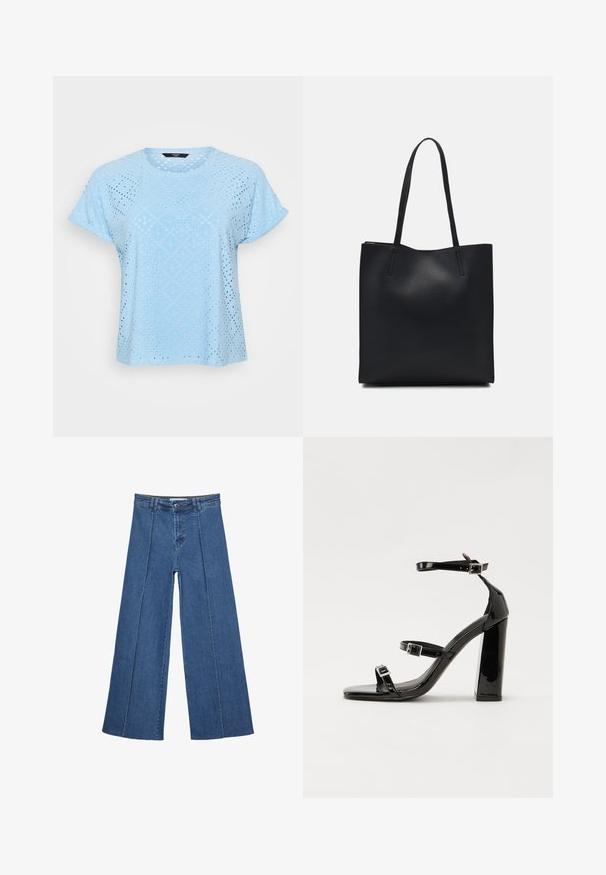 Svetlomodrý krátky rukáv top s textúrovanou tkaninou, ktorá obsahuje diamantové a okrúhle výrezy, čím sa vytvára priedušný dizajn.; Rovné džínsy s širokými nohavicami v strednom modrom odtieni, so zvýšeným pásom, zapínaním na gombík a kontrastnými vertikálnymi švami pozdĺž prednej strany.; Čierne lakované sandále na podpätku so štvorcovou špičkou, navlečenými remienkami okolo členku a striebornými prackami. Disponujú masívnym blokovým podpätkom pre stabilitu.; Čierna kožená taška na rameno s hladkým povrchom, obdĺžnikovým tvarom a dvoma dlhými uchami. Bez viditeľného kovania alebo ozdôb.